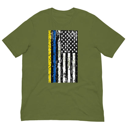 Olive crewneck graphic T-shirt with yellow-blue stripe and white star flag print