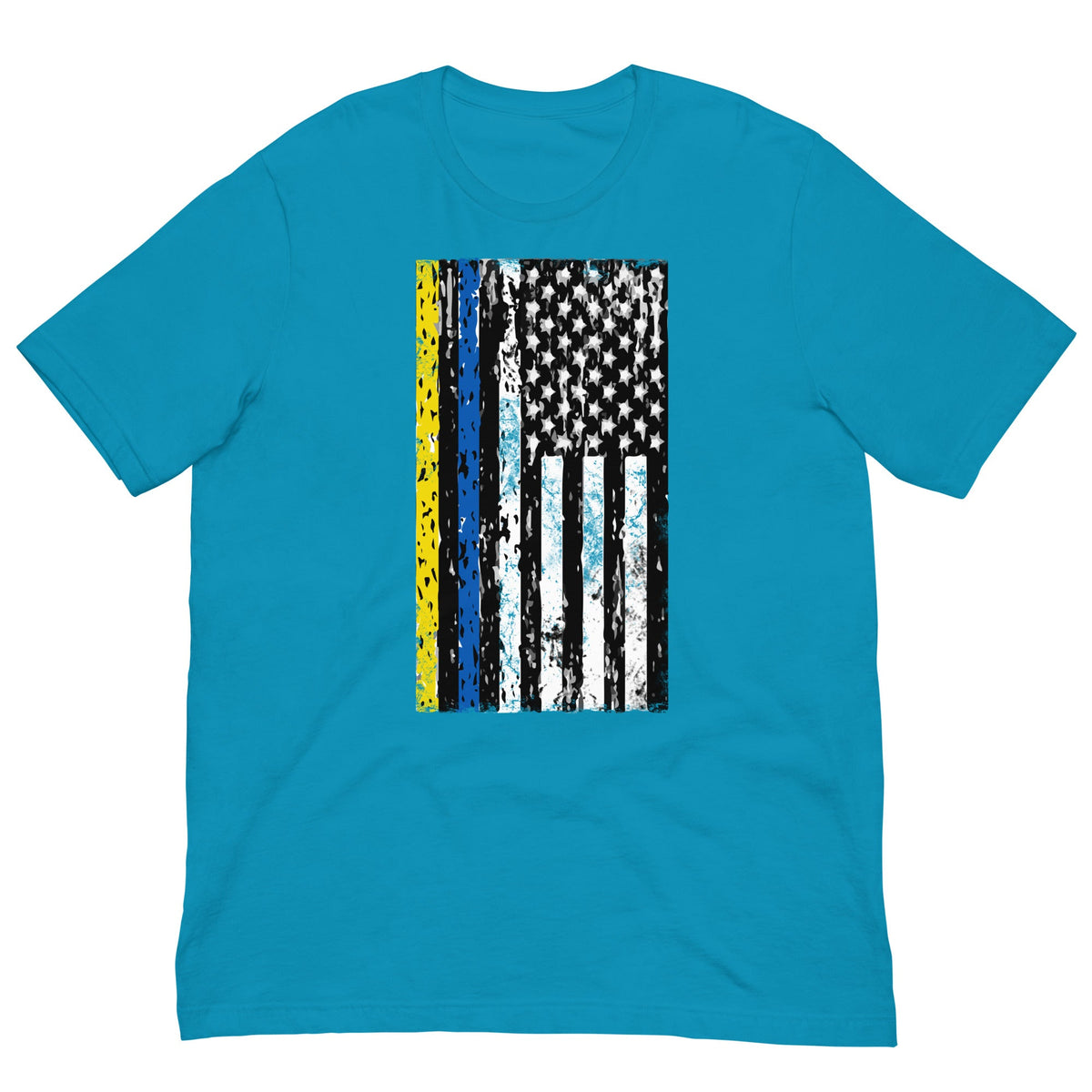 Blue crewneck graphic T-shirt with yellow-blue stripe and white star flag print