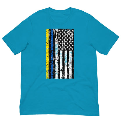 Blue crewneck graphic T-shirt with yellow-blue stripe and white star flag print
