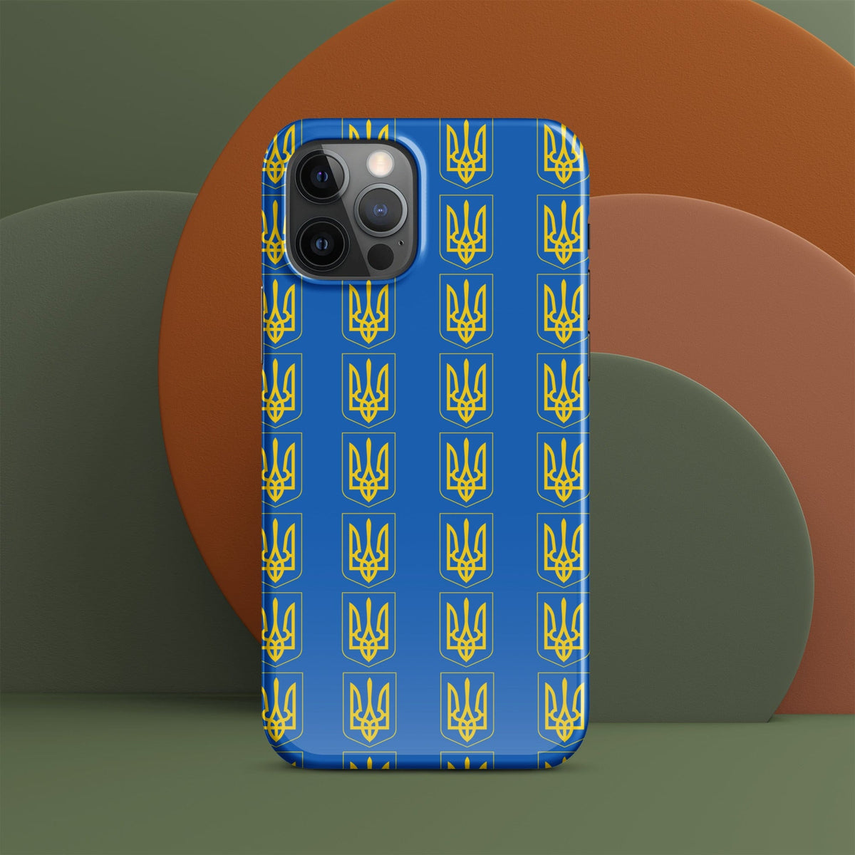 Phone case back view, blue with repeating gold tryzub symbols and rounded edges