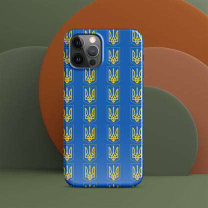 Phone case back view, blue with repeating gold tryzub symbols and rounded edges
