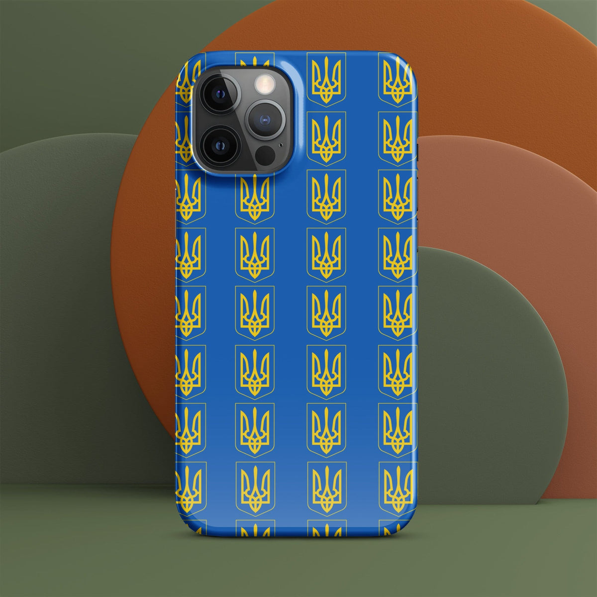 Phone case back view, blue with gold tryzub grid and camera lenses on case