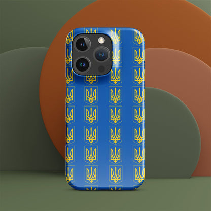 Phone case in blue with repeating Tryzub trident emblems, visible camera openings