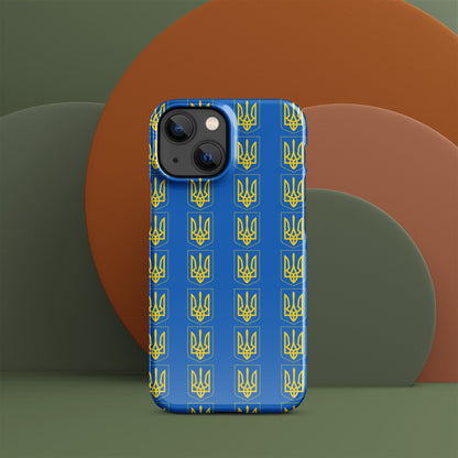 Phone case back view, blue with gold tryzub pattern and camera cutouts