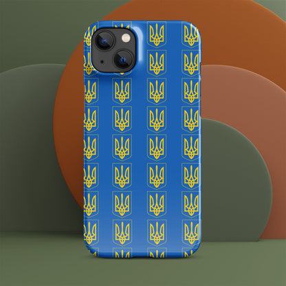 Blue iPhone case featuring repeating yellow Tryzub trident and shield icons; camera openings.