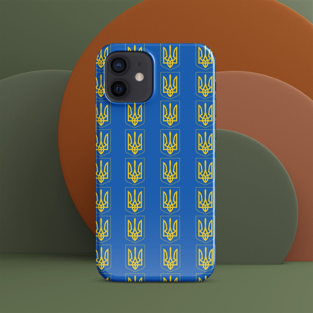 Phone case back view, blue with gold tryzub trident pattern; camera area visible