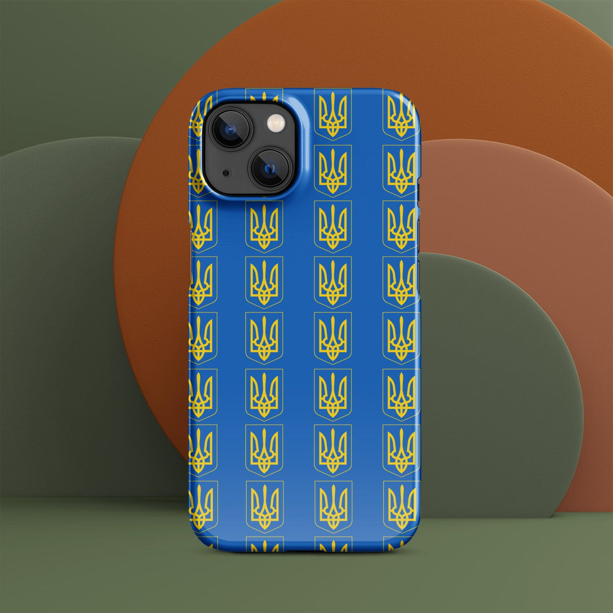 Phone case back view, blue with repeating gold tryzub trident icons