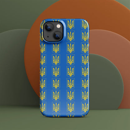 Phone case back view, blue with repeating gold tryzub trident icons
