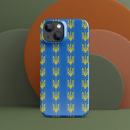 Blue iPhone case with repeating yellow Tryzub trident and shield pattern; rear camera visible.