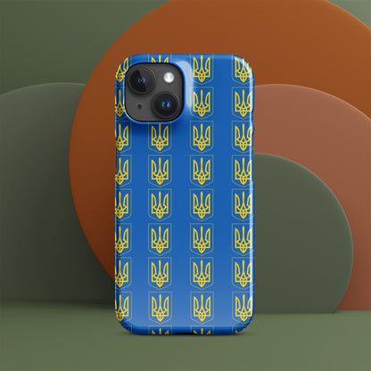 Blue iPhone case with repeating yellow Tryzub trident and shield pattern; rear cameras shown.