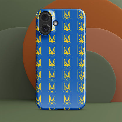 Phone case with blue Tryzub trident pattern and raised camera cutouts