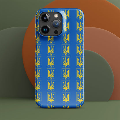 Blue iPhone case with repeating yellow Tryzub trident and shield motif; camera cutouts at top.