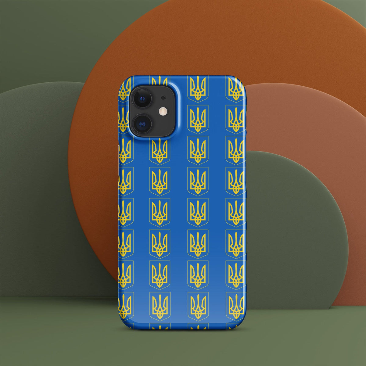 Phone case back view, blue with repeating gold tryzub trident icons