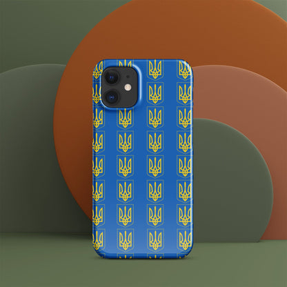 Phone case back view, blue with repeating gold tryzub trident icons