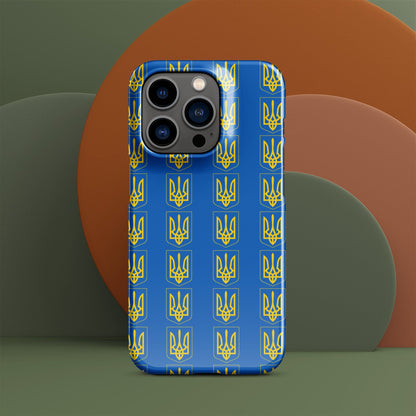 Blue iPhone case with repeating yellow Tryzub trident-and-shield pattern; three camera cutouts.