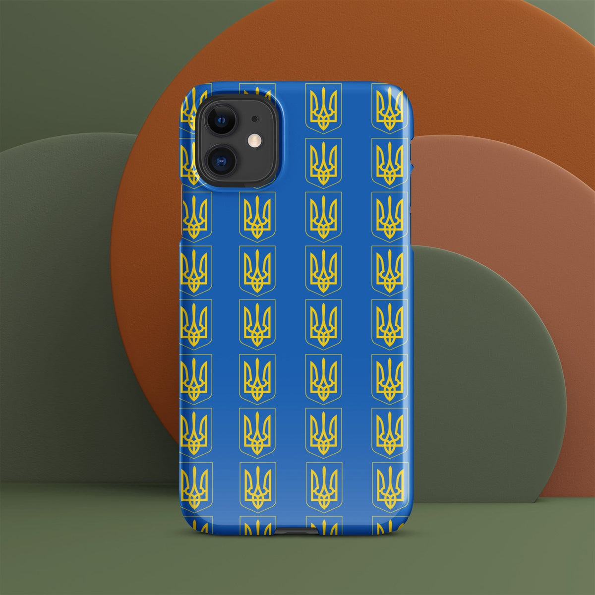 iPhone phone case with blue Tryzub trident pattern and camera cutouts