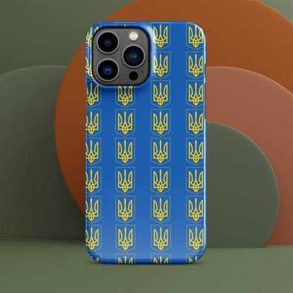 Blue iPhone case with repeating yellow Tryzub trident and shield pattern; camera cutouts.