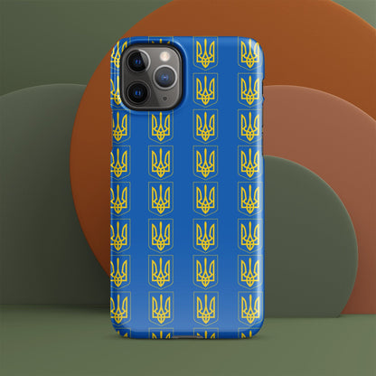 Phone case back, blue with repeating gold tryzub trident symbols and camera cutouts