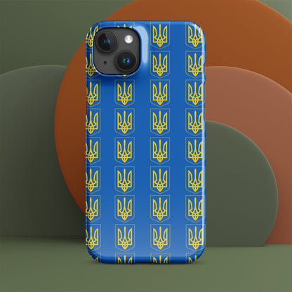Blue iPhone case featuring repeating yellow Tryzub trident and shield icons; camera openings.