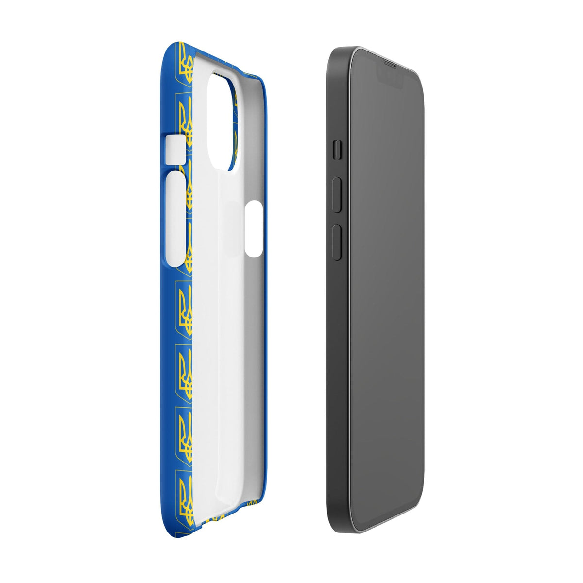 Phone case side view, blue with gold trident pattern and raised camera cutouts