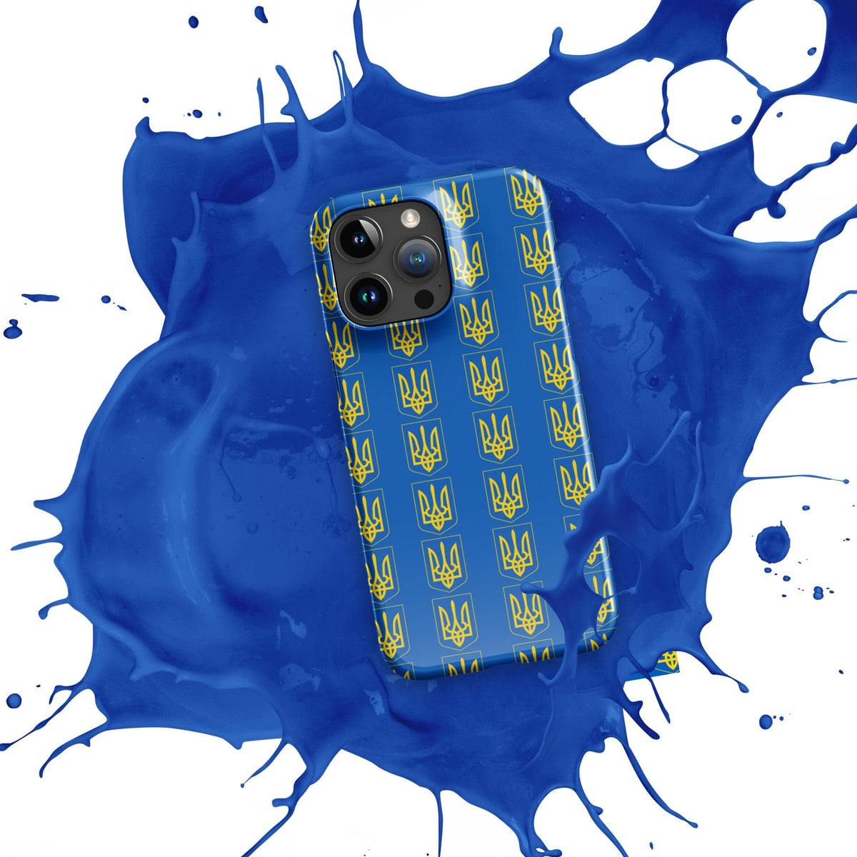 iPhone phone case with blue Tryzub trident pattern on blue paint splash