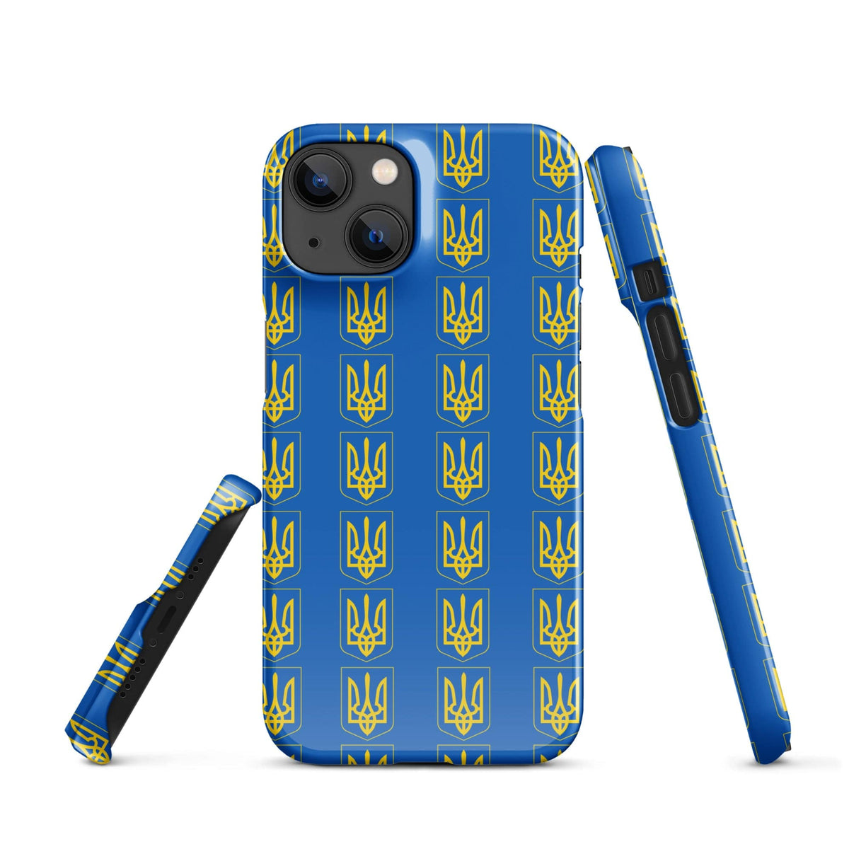 iPhone phone case with blue Tryzub trident pattern, side profile and buttons