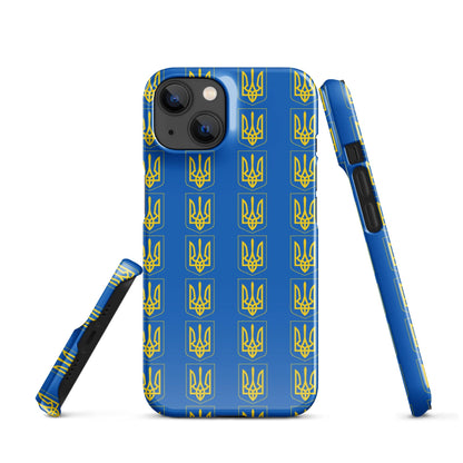 iPhone phone case with blue Tryzub trident pattern, side profile and buttons