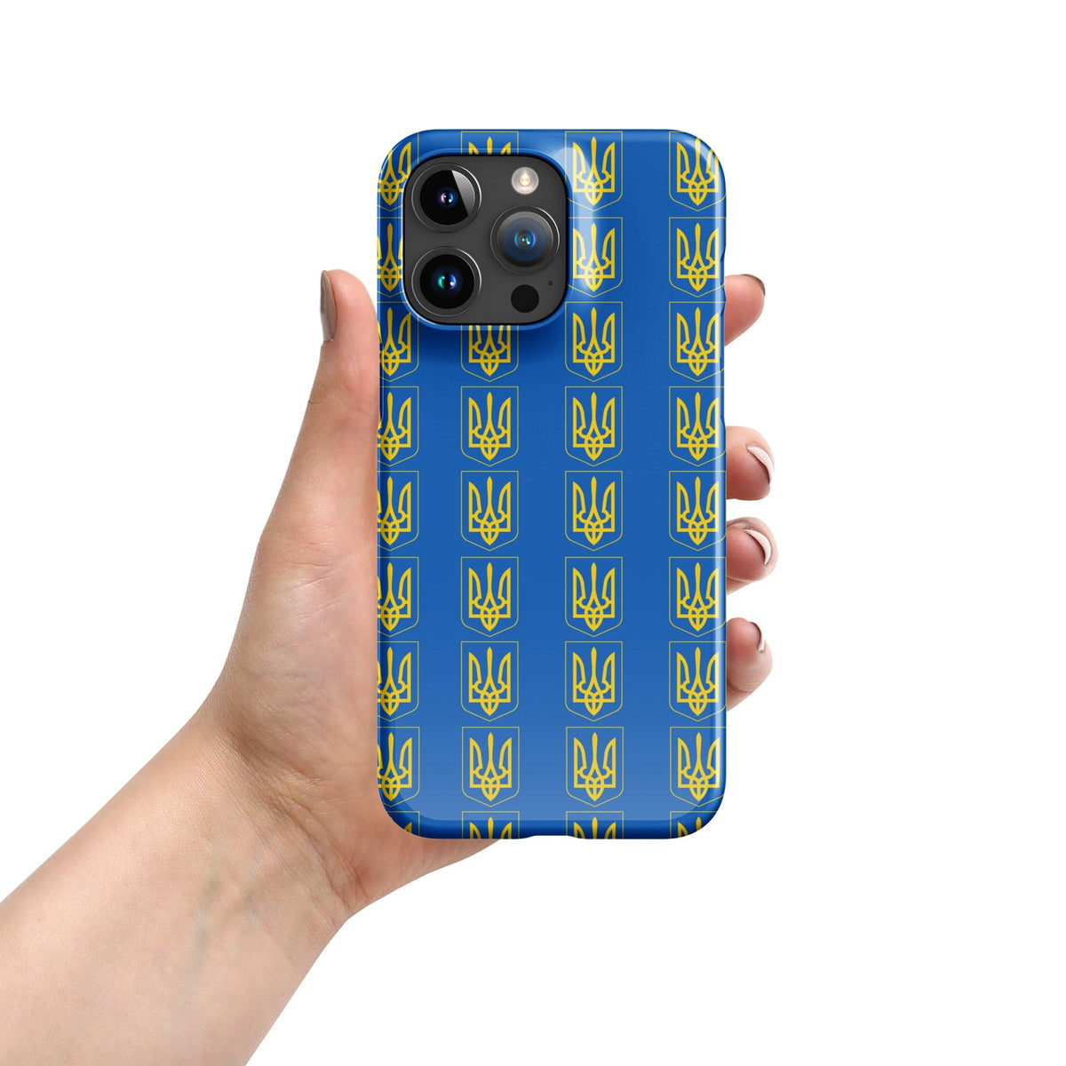 iPhone phone case with blue Tryzub trident pattern held by left hand
