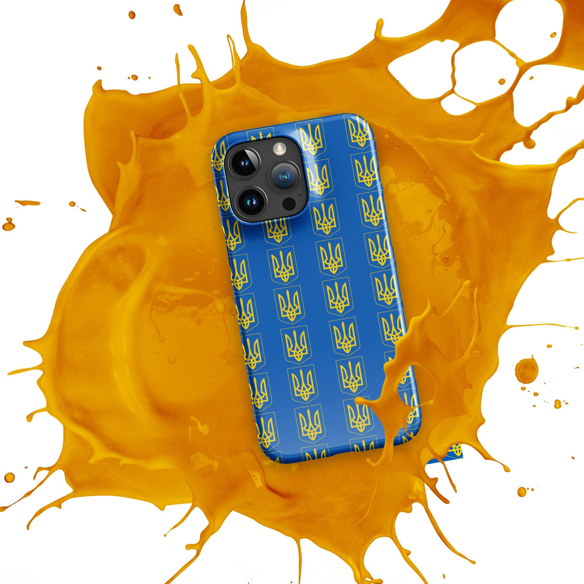 iPhone phone case with blue Tryzub trident pattern on vivid orange splatter