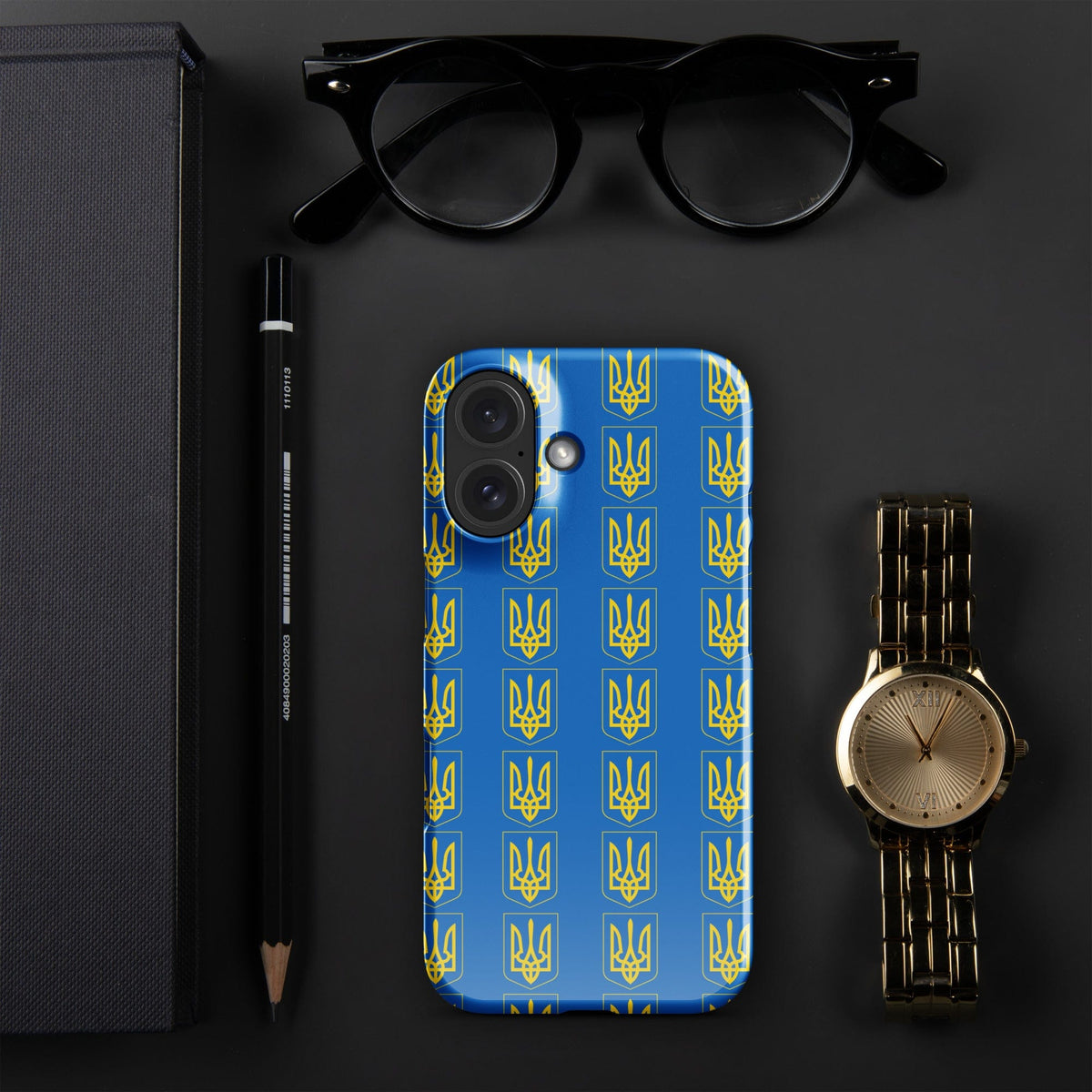 iPhone phone case with blue Tryzub trident pattern and glossy finish