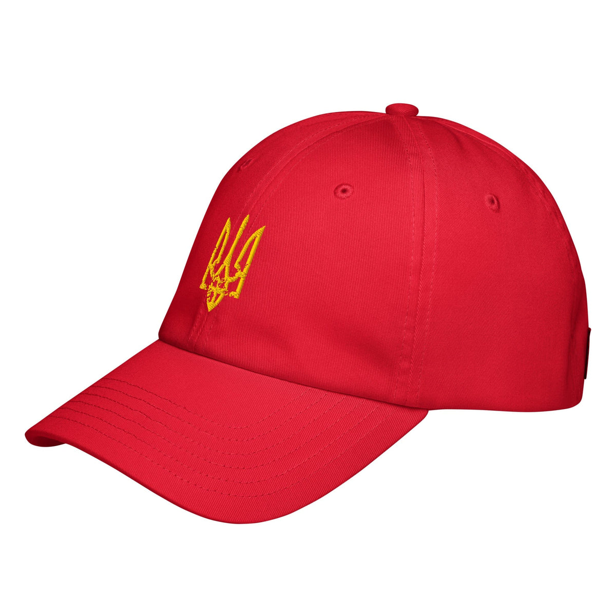 Red baseball cap with yellow trident emblem on front side; curved brim