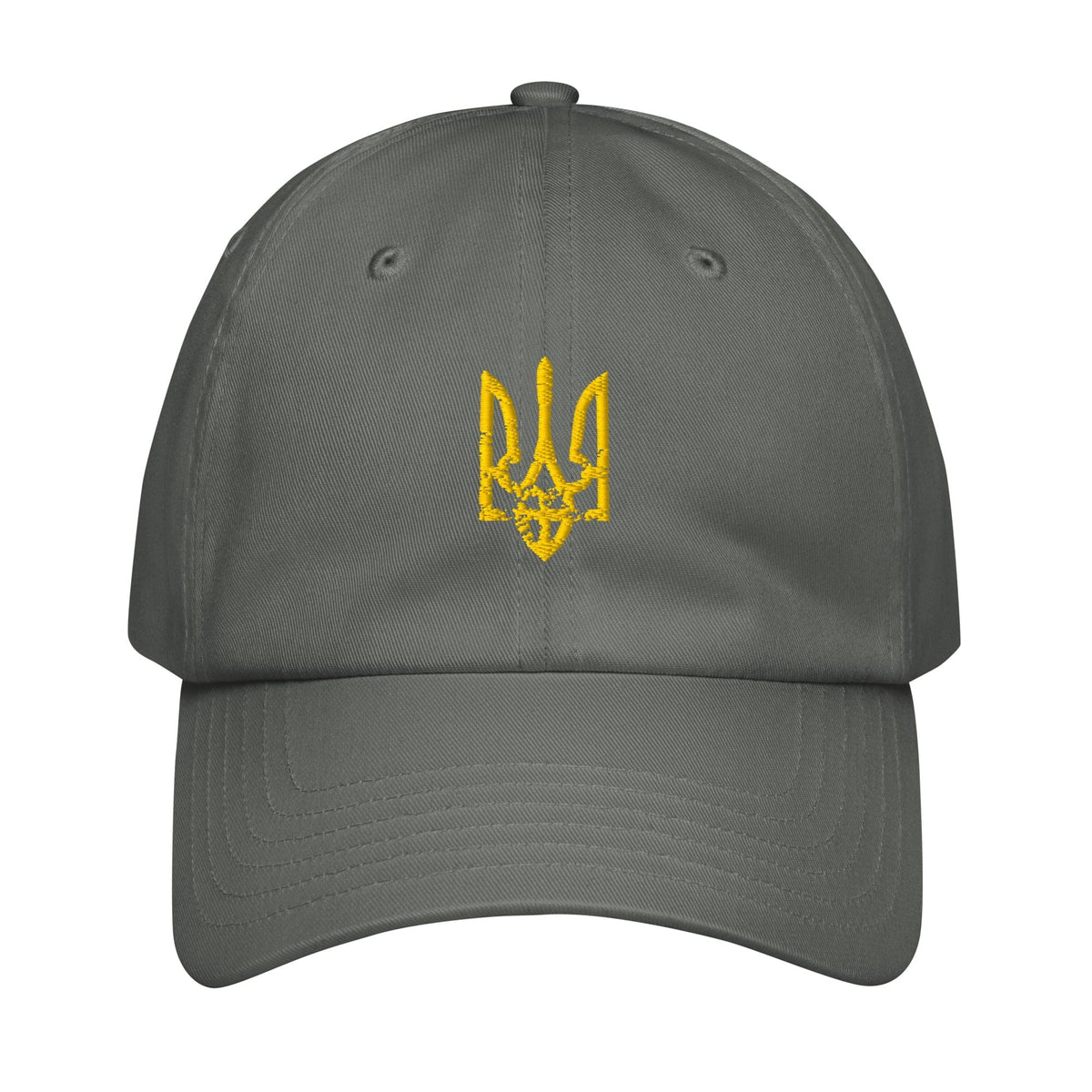 Grey baseball cap with yellow embroidered trident emblem on front panel