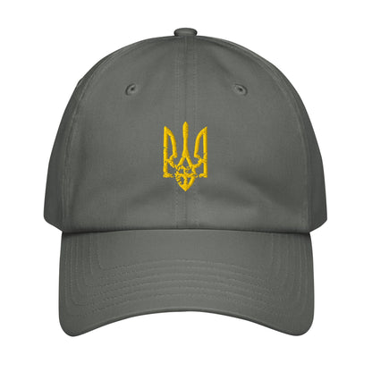 Grey baseball cap with yellow embroidered trident emblem on front panel