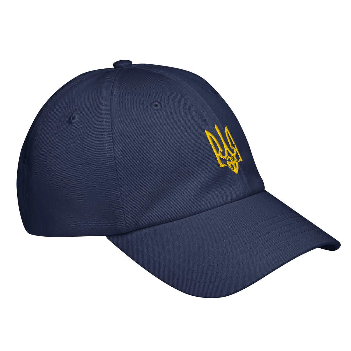 Navy baseball cap with yellow Ukrainian trident emblem and curved brim