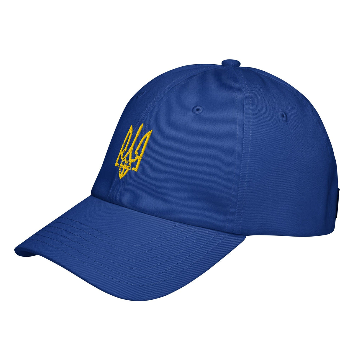 Navy baseball cap with yellow Ukrainian trident emblem on side panel and brim