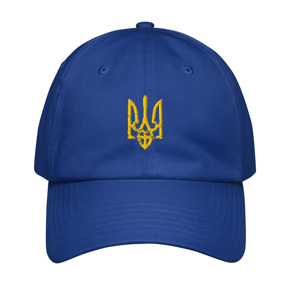 Navy baseball cap with yellow embroidered Ukrainian trident emblem on front panel