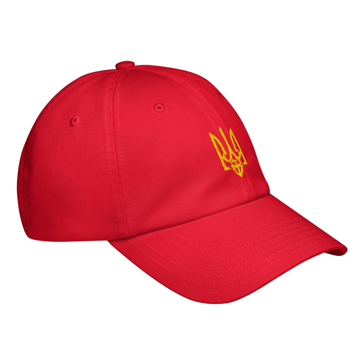 Red baseball cap with yellow trident emblem on front panel, curved brim