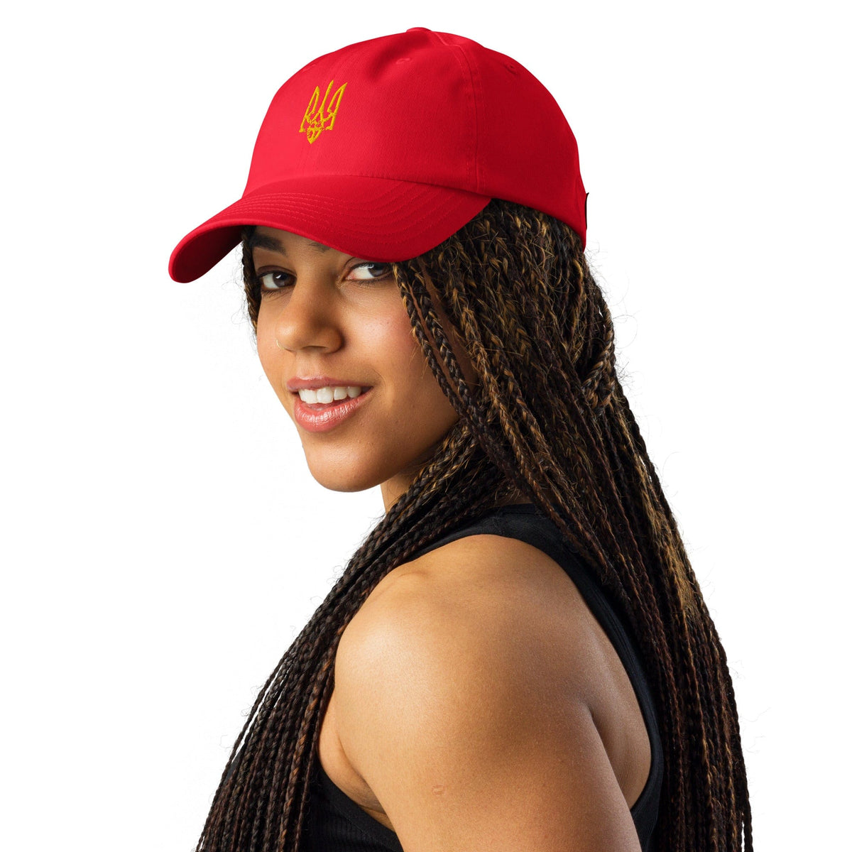 Red Under Armour® cap with yellow Ukrainian trident emblem, side view