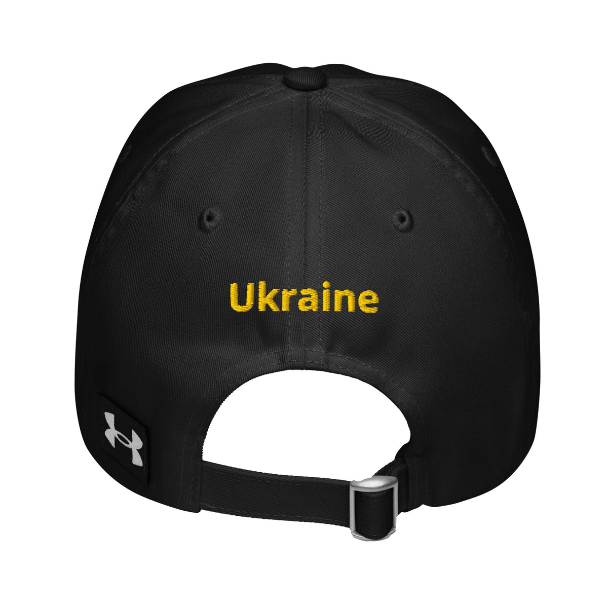 Black baseball cap with yellow "Ukraine" embroidery and adjustable back strap