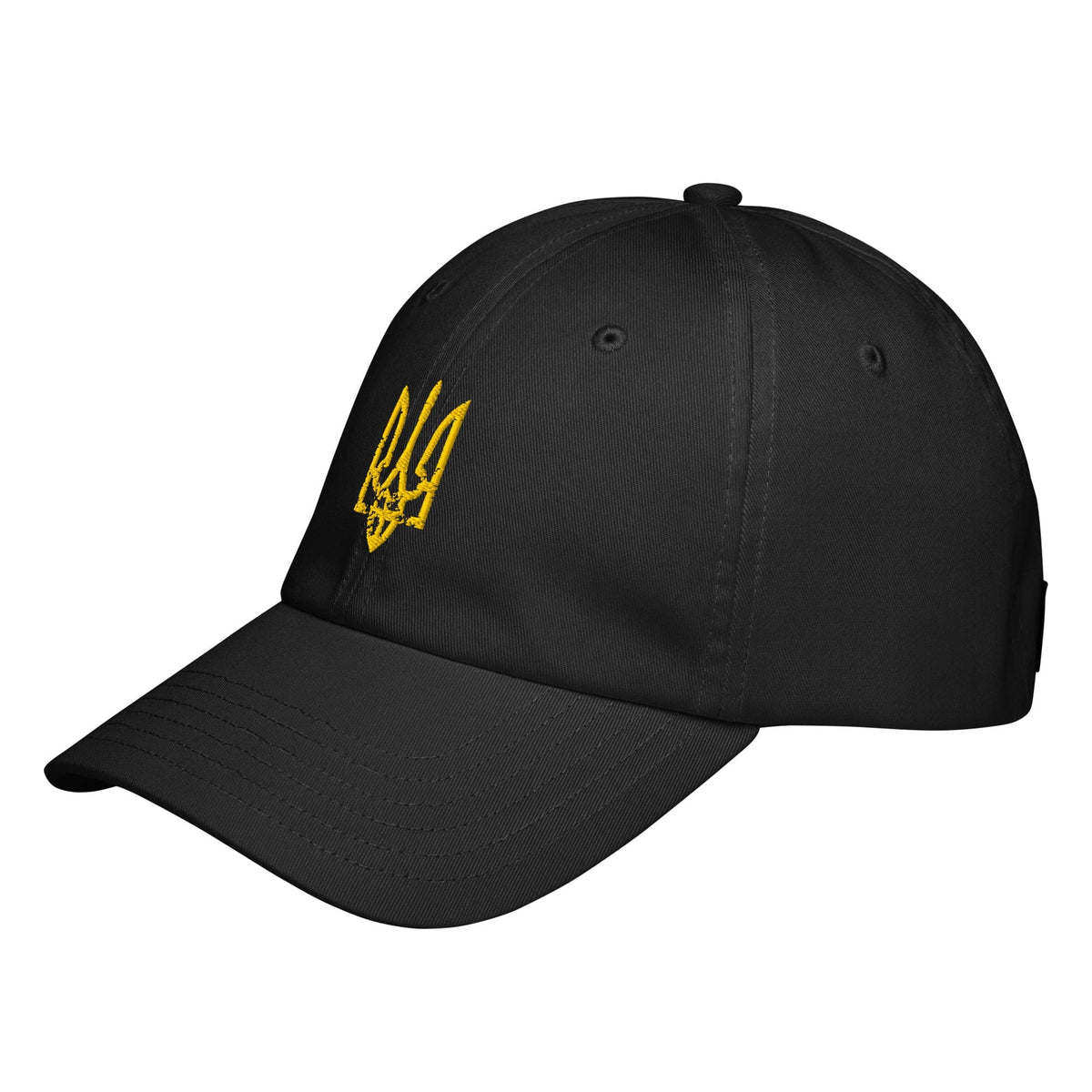 Black baseball cap with yellow Ukrainian trident emblem on side panel
