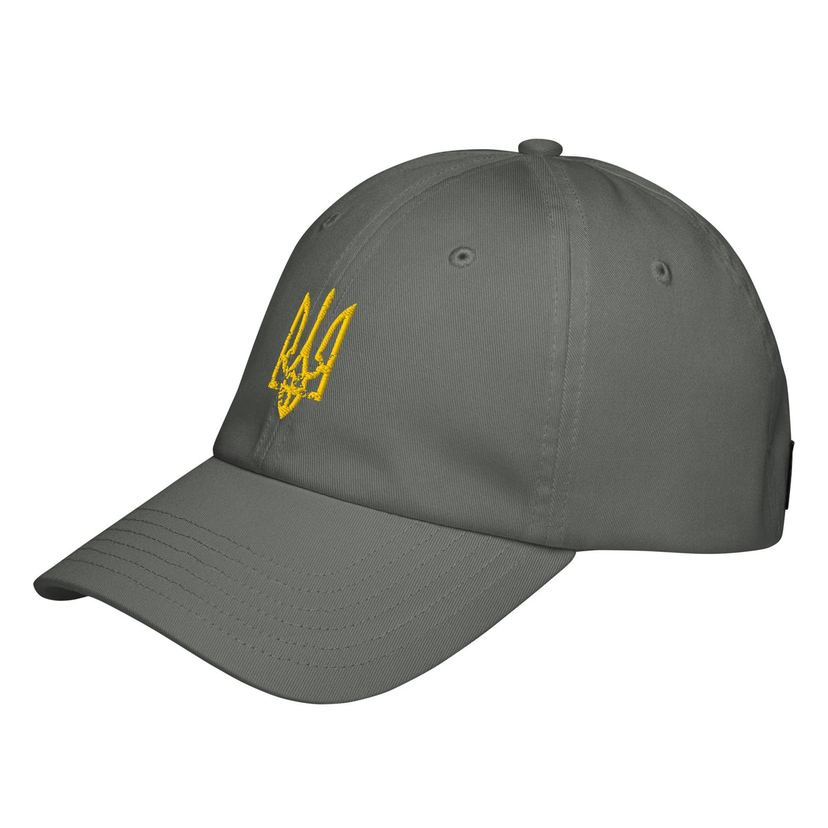 Grey baseball cap with yellow trident emblem on front side; curved brim