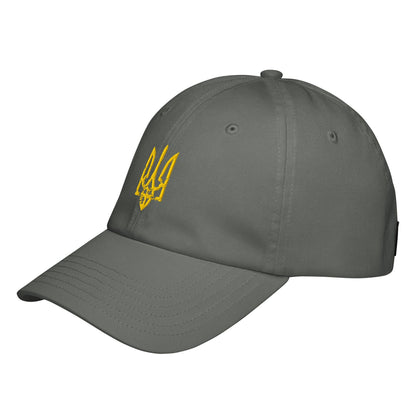 Grey baseball cap with yellow trident emblem on front side; curved brim