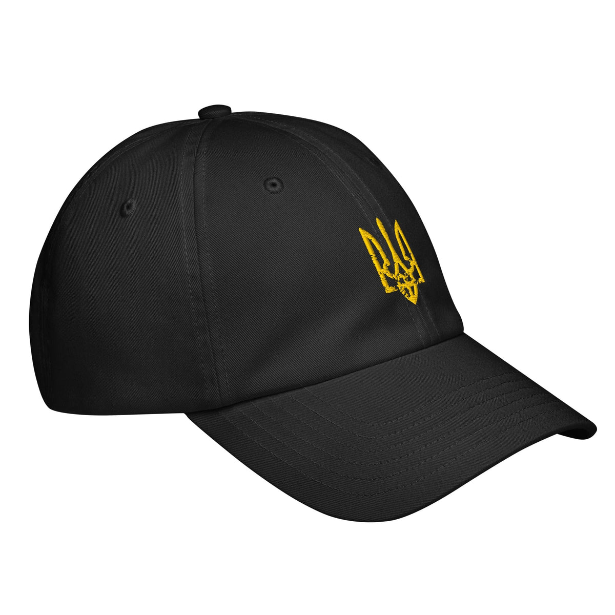 Black baseball cap with yellow Ukrainian trident emblem and curved brim