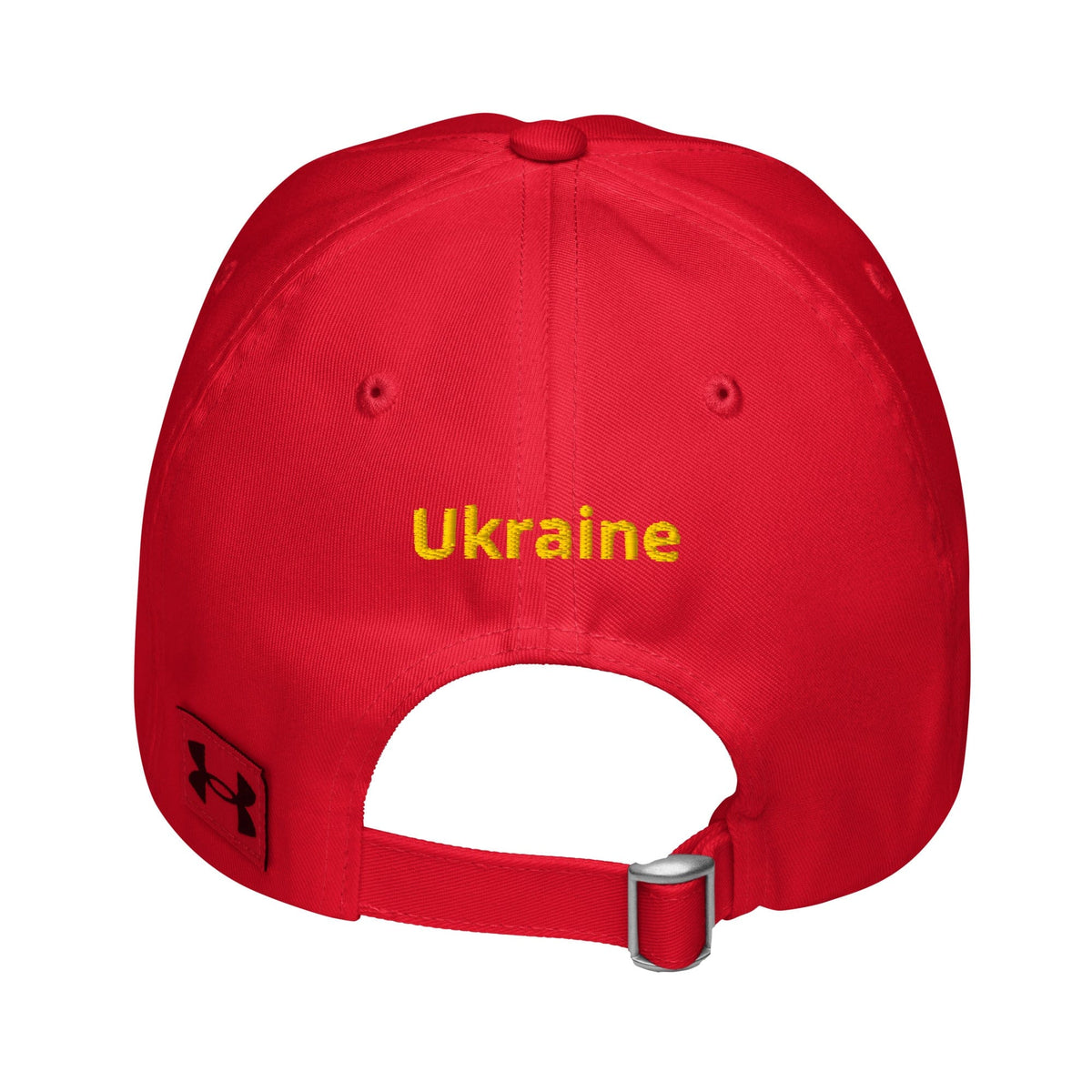 Red baseball cap with 'Ukraine' text embroidery on back panel and snap strap