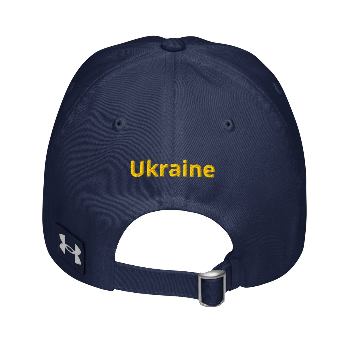 Navy baseball cap with yellow "Ukraine" embroidery and adjustable back strap