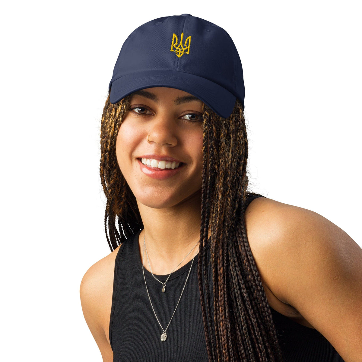 Navy Under Armour® cap with yellow Ukrainian trident emblem, front view