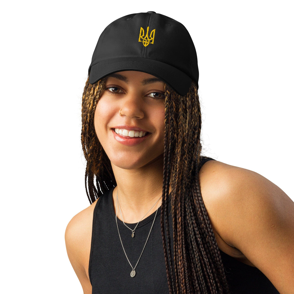 Black Under Armour® cap with yellow Ukrainian trident emblem, front view
