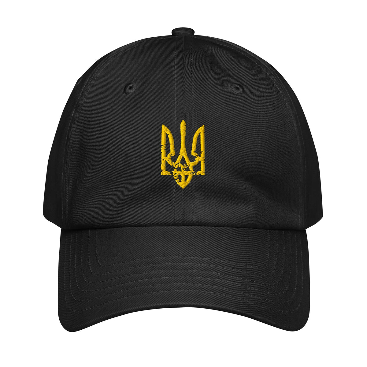 Black baseball cap with yellow embroidered Ukrainian trident emblem on front panel