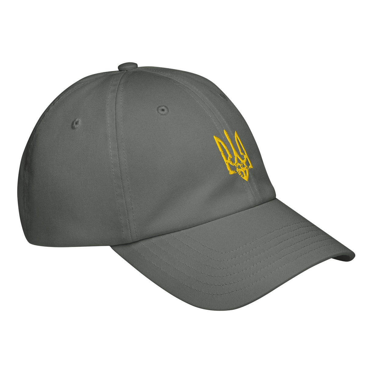 Grey baseball cap with yellow trident emblem on front panel and curved brim