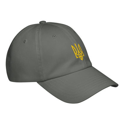 Grey baseball cap with yellow trident emblem on front panel and curved brim